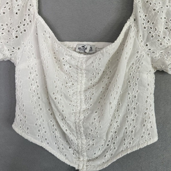 Hollister Crop Top Junior Sz Small Eyelet Puff Sleeves Cinch Cottage Coquette - Picture 4 of 11